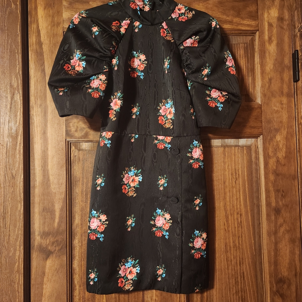 MSGM Puff Sleeve Floral Jacquard Dress Black IT 40 Open Back
